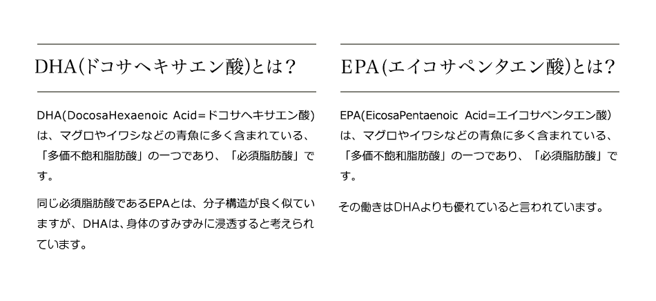 DHA�ʥɥ����إ���������ˤȤϡ�DHA(DocosaHexaenoicAcid=�ɥ����إ��������)�ϡ��ޥ����䥤�亮�ʤɤ��ĵ���¿���ޤޤ�Ƥ��롢��¿����˰�»��û��פΰ�ĤǤ��ꡢ��ɬ�ܻ��û��פǤ���

Ʊ��ɬ�ܻ��û��Ǥ���EPA�Ȥϡ�ʬ�ҹ�¤���ɤ����Ƥ��ޤ�����DHA�ϡ�Ǿ�ؤ�������Ǥ���Ǿ��մ�����̤�ȴ���������ǽ�ǡ�Ǿ�ޤ���ã����ȹͤ����Ƥ��ޤ���
�ţУ�(���������ڥ󥿥�����ˤȤϡ� EPA(EicosaPentaenoic Acid=���������ڥ󥿥�����ˤϡ��ޥ����䥤�亮�ʤɤ��ĵ���¿���ޤޤ�Ƥ��롢��¿����˰�»��û��פΰ�ĤǤ��ꡢ��ɬ�ܻ��û��פǤ���

EPA�ϡ�Ǿ��մ���Ȥ����롢Ǿ�ؤ���������̤�ȴ��������Ǥ��ޤ��󤬡�����Ư����DHA����ͥ��Ƥ���ȸ����Ƥ��ޤ���